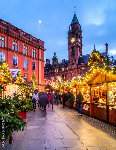 A bustling outdoor Christmas market at dusk