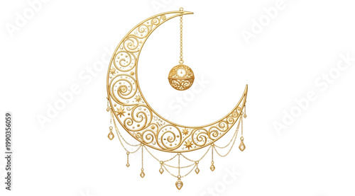Quadro su tela Ornate golden crescent moon with hanging decorative sphere and chains