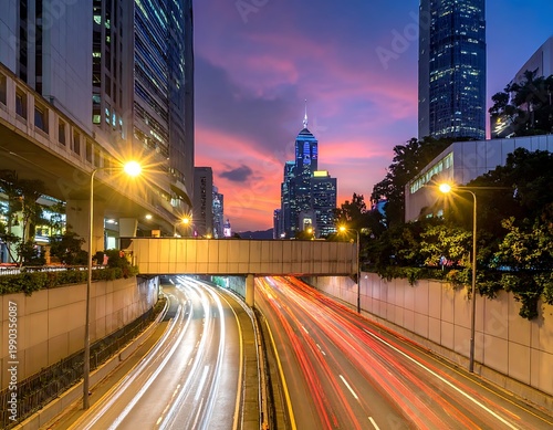 A cityscape at dusk with a busy highway and skyscrapers