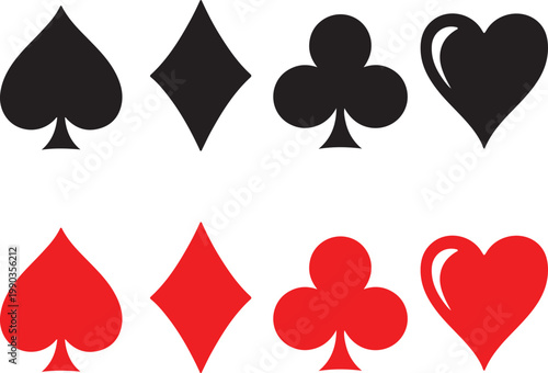 Four classic playing card suit symbols in black silhouette: spade, diamond, club, and heart, isolated on a white background for games and gambling.