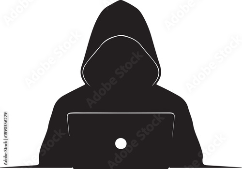 Silhouette of a person wearing a hooded sweatshirt, hunched over a laptop computer, representing concepts of hacking, technology, and online activity.