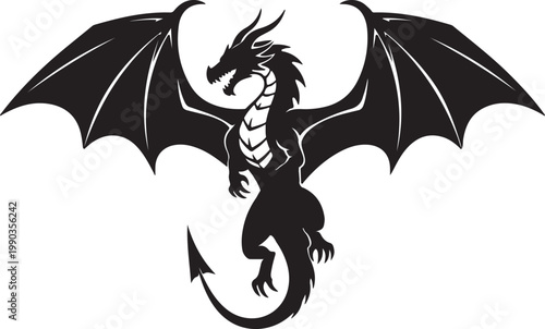 Powerful silhouette of a dragon with large wings spread, symbolizing fantasy, mythology, power, and ancient legends from folklore.