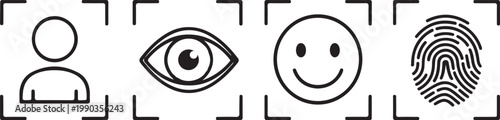 Set of four icons in black silhouette: person, eye, smiley face, and fingerprint, within scan frames, representing identity verification and biometrics.