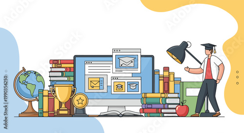Online education platform features various learning tools books and graduation cap representing successful e-learning journey.