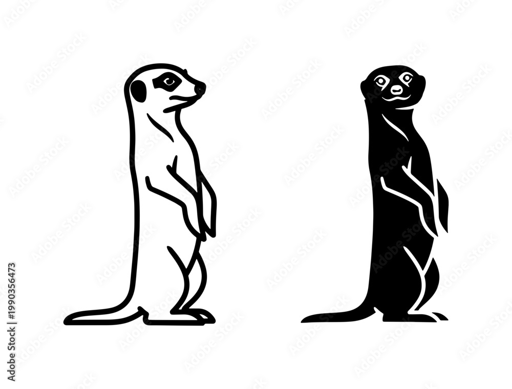 Obraz premium Black and white meerkat standing silhouette vector icons