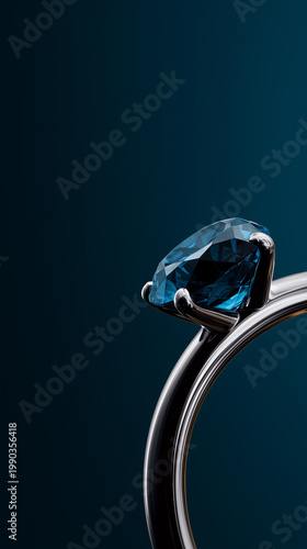 Blue sapphire solitaire ring, platinum band gleaming against deep teal background. Brilliant facets, dramatic directional light. Luxury jewelry editorial concept.