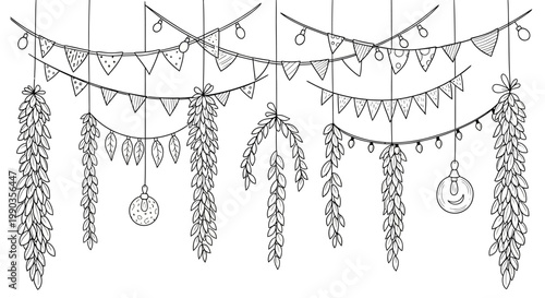 Hand drawn hanging botanical garlands and festive bunting decorations.