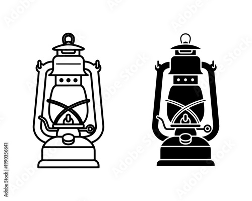 Vintage Kerosene Lantern Outline and Silhouette Icon Set