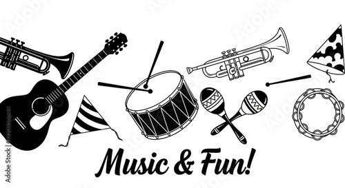 Set of hand drawn musical instruments with party hats for festive celebrations.