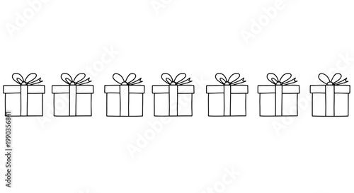 A row of seven hand drawn gift boxes with bows.