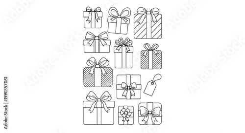 Collection of hand drawn doodle gift boxes with ribbons and bows.