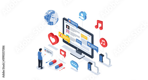 Male analyst monitors social media performance metrics and user engagement trends on a large computer screen workstation.