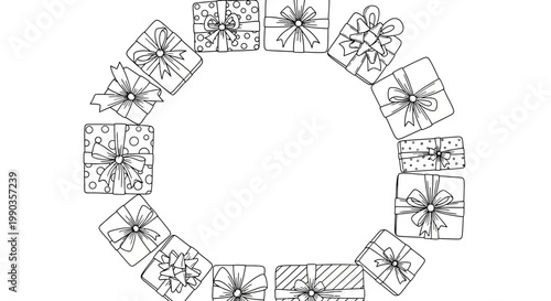 Hand drawn doodle wreath of various wrapped gift boxes.