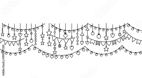 Hand drawn festive bunting and hanging ornament garland border.