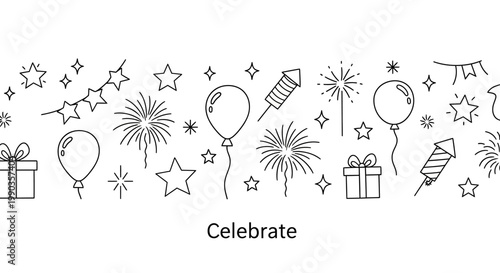 Doodle Style Celebration Elements Seamless Border Illustration.