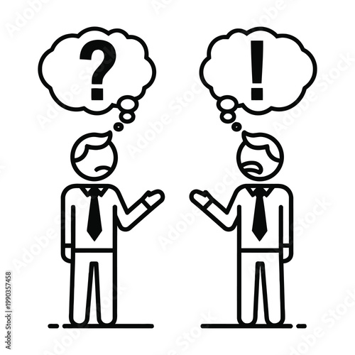 Two businessmen with confused expressions and thought bubbles