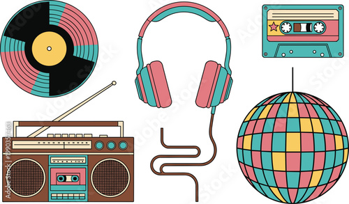 Retro Music Elements Set with Vinyl Record Headphones Cassette Tape Boombox and Disco Ball in Vintage Style for Audio Design, Party Graphics, and Creative Projects.