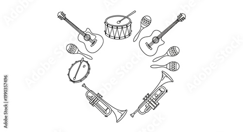 Heart shape composition of various musical instruments hand drawn outline.