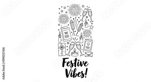 Festive vibes doodle illustration with party elements.