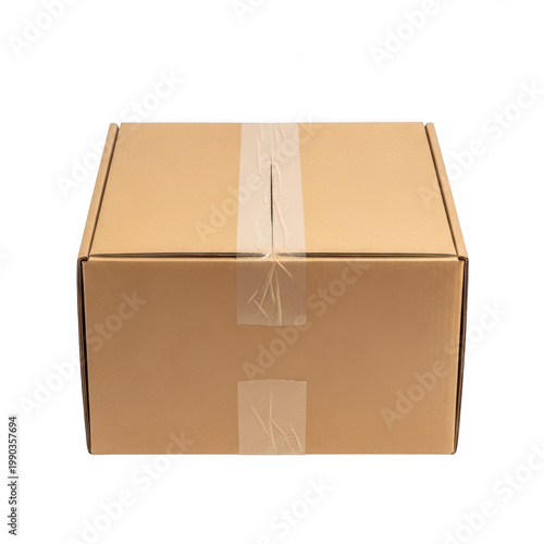 Brown cardboard box with packing tape isolated on white background for shipping and delivery