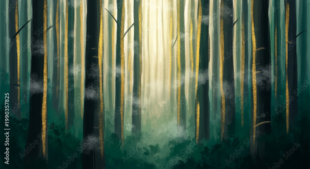 Obraz premium Illustration of tall green and dark tree trunks with gold accents in a misty forest, symbolizing mystery, nature, and tranquility in natural light