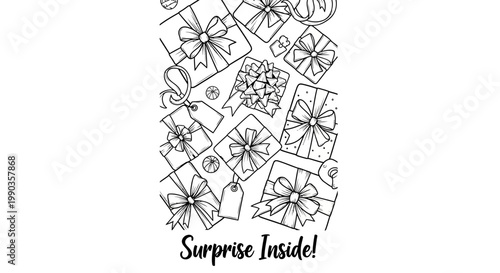 Black and white line art illustration of assorted gift boxes with Surprise Inside text.
