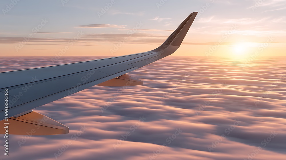 Obraz premium Airplane Wing at Sunset Over Soft Cloud Layer in Evening Sky