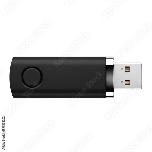Black USB flash drive with silver connector on white background