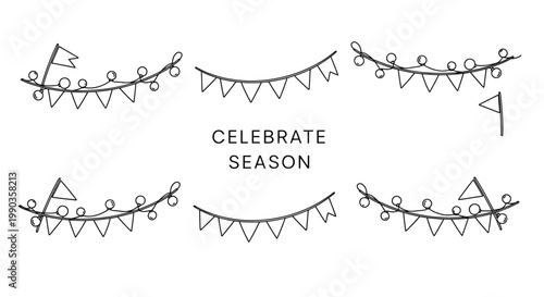 Hand Drawn Sketch Bunting Flags and Celebrate Season Text Decoration.