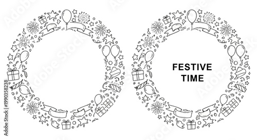 Set of two hand drawn doodle style festive circular frames.