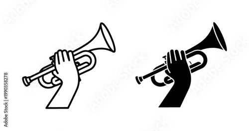 Hand holding trumpet icon set in black and white line art