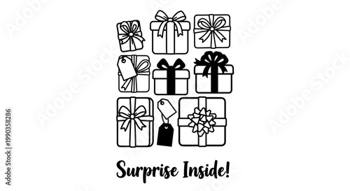 Hand drawn doodle illustration of various gift boxes with the text Surprise Inside.