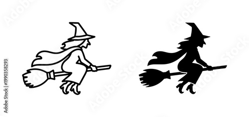 Witch flying on broomstick silhouette and outline vector icons