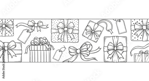 Hand drawn doodle gift boxes with ribbons and gift tags.