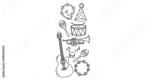 Hand drawn doodle set of musical instruments and celebration items.