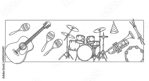 Hand Drawn Musical Instruments Collection Set Outline.