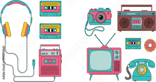 Retro Technology Illustration Set with Vintage Camera Cassette Headphones Television Telephone and Boombox in Colorful Flat Style for Nostalgic Design and Creative Projects.