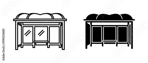 Bus stop shelter icon set in outline and glyph style
