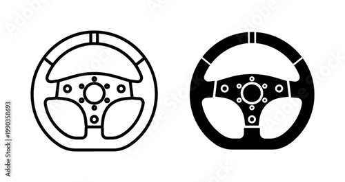 Racing steering wheel icon set in outline and solid style