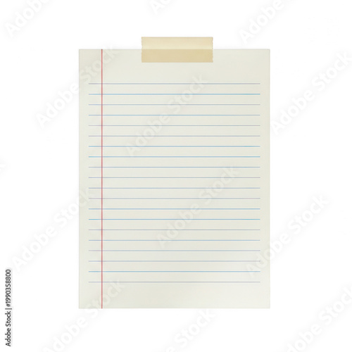 Lined paper note with beige clip on white background, blank template for writing or to-do list