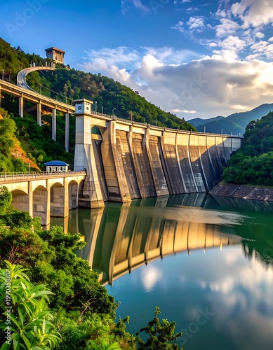 A serene dam nestled among lush green mountains and reflected in calm waters