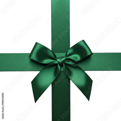Green gift bow and ribbon isolated on white background for decoration and celebration