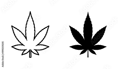 Cannabis Leaf Outline and Solid Black Silhouette Icons