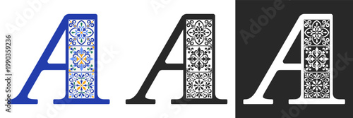 Capital letter A with mediterranean tile pattern. Letter A with floral geometric ornament. Creative alphabet. Decorated typography letters. Vintage patterned font. Isolated vector illustration
