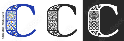 Capital letter C with mediterranean tile pattern. Letter C with floral geometric ornament. Creative alphabet. Decorated typography letters. Vintage patterned font. Isolated vector illustration