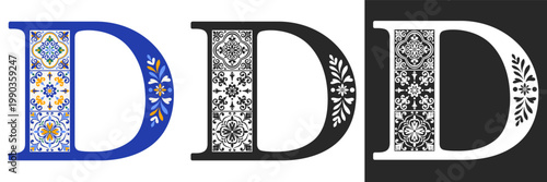 Capital letter D with mediterranean tile pattern. Letter D with floral geometric ornament. Creative alphabet. Decorated typography letters. Vintage patterned font. Isolated vector illustration