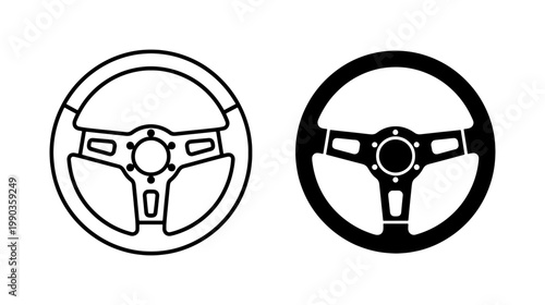 Racing steering wheel icon set in black and white line art