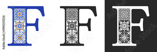 Capital letter F with mediterranean tile pattern. Letter F with floral geometric ornament. Creative alphabet. Decorated typography letters. Vintage patterned font. Isolated vector illustration