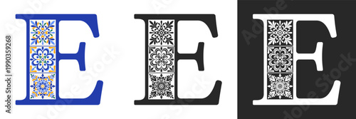 Capital letter E with mediterranean tile pattern. Letter E with floral geometric ornament. Creative alphabet. Decorated typography letters. Vintage patterned font. Isolated vector illustration