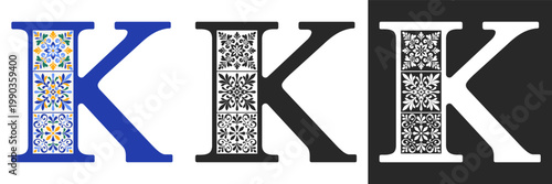 Capital letter K with mediterranean tile pattern. Letter K with floral geometric ornament. Creative alphabet. Decorated typography letters. Vintage patterned font. Isolated vector illustration